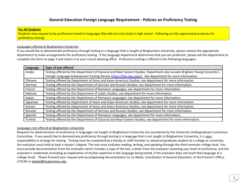 General Education Foreign Language Requirement - Policies on Proficiency Testing