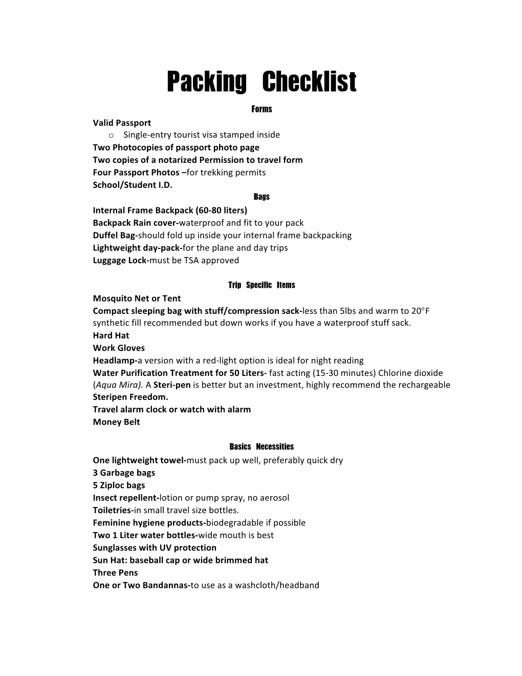 Packing Checklist