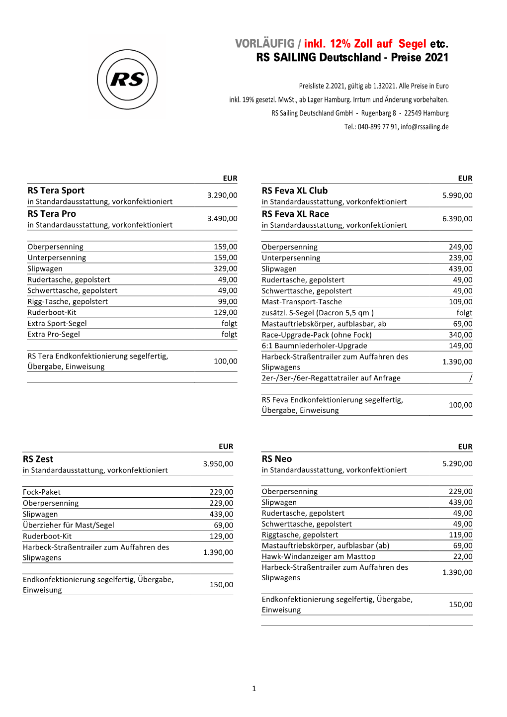 VORLÄUFIG / Inkl. 12% Zoll Auf Segel Etc. RS SAILING Deutschland - Preise 2021