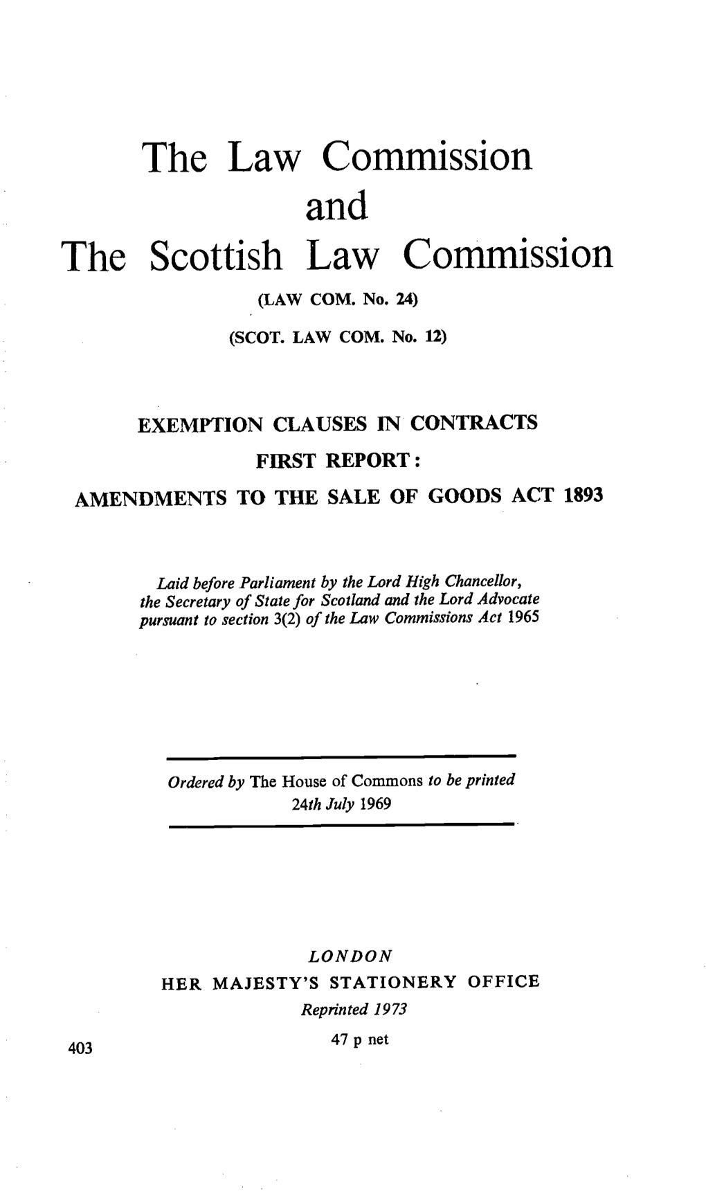 First Report: Amendments to the Sale of Goods Act 1893