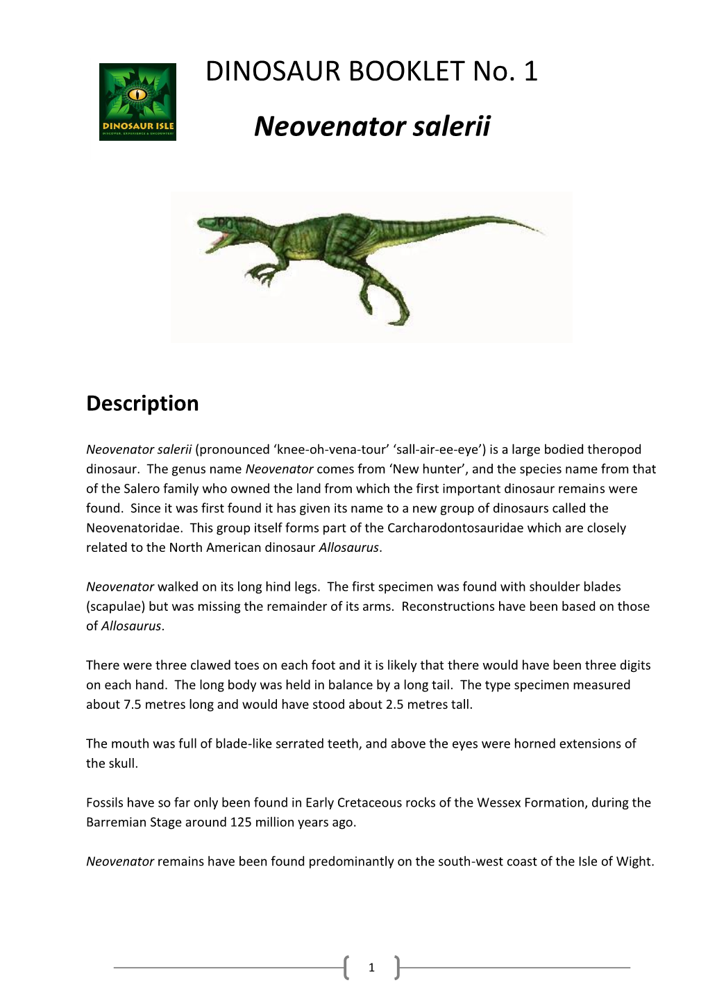 DINOSAUR BOOKLET No. 1 Neovenator Salerii