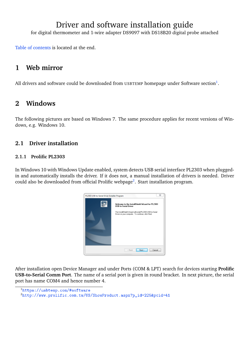 Driver and Software Installation Guide for Digital Thermometer and 1-Wire Adapter DS9097 with DS18B20 Digital Probe Attached