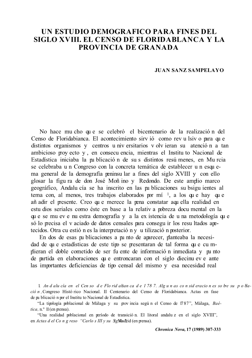 Un Estudio Demografico Para Fines Del Siglo Xviii. El Censo De Floridablanca Y La Provincia De Granada