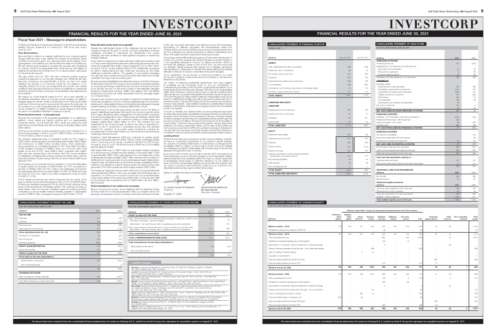 FINANCIAL RESULTS for the YEAR ENDED JUNE 30, 2021 FINANCIAL RESULTS for the YEAR ENDED JUNE 30, 2021 Fiscal Year 2021 – Message to Shareholders