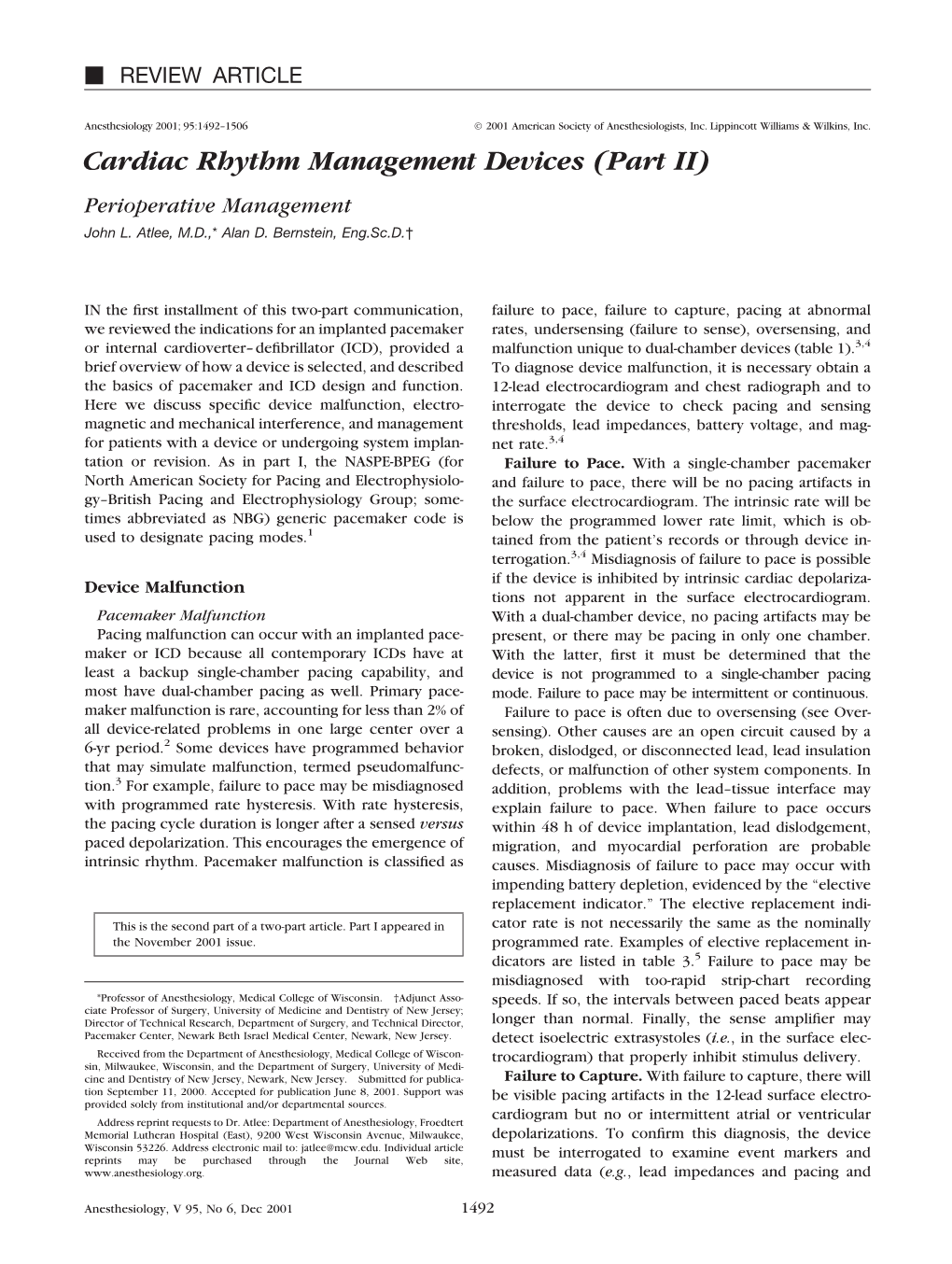 Cardiac Rhythm Management Devices (Part II) Perioperative Management John L