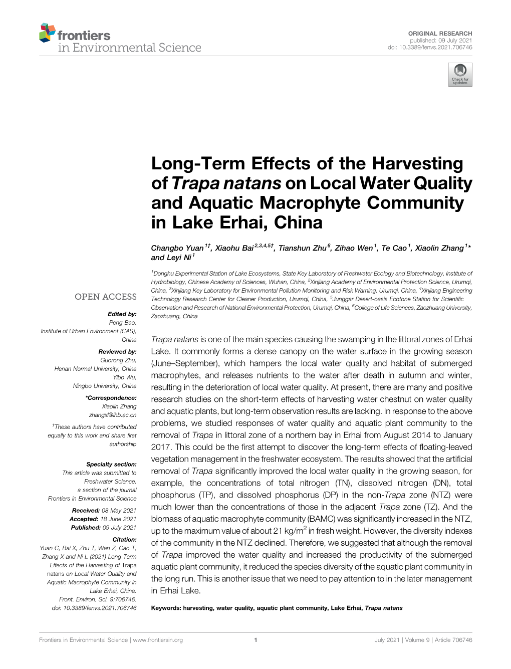 Long-Term Effects of the Harvesting of Trapa Natans on Local Water Quality and Aquatic Macrophyte Community in Lake Erhai, China