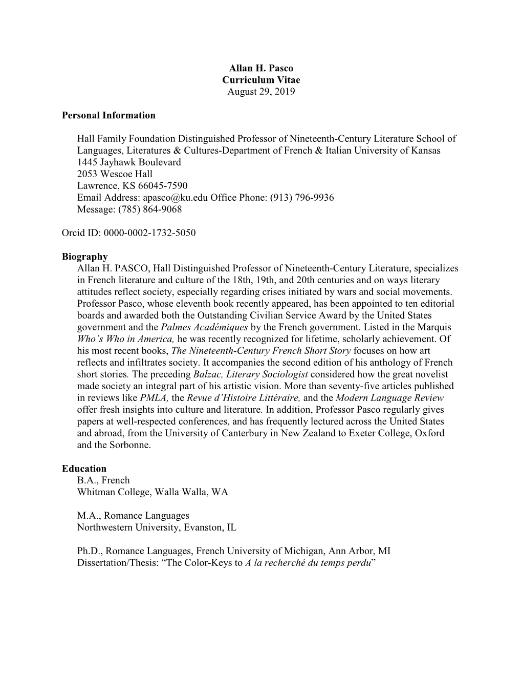 Allan H. Pasco Curriculum Vitae August 29, 2019 Personal