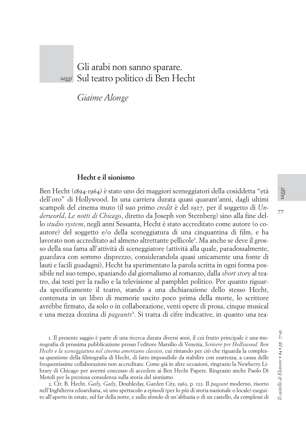 Gli Arabi Non Sanno Sparare. Sul Teatro Politico Di Ben Hecht