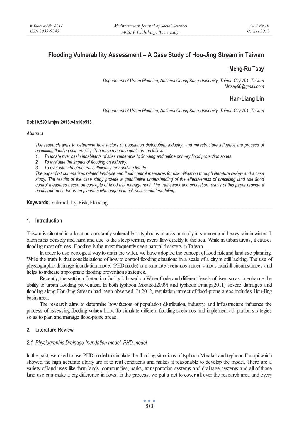 Flooding Vulnerability Assessment – a Case Study of Hou-Jing Stream in Taiwan