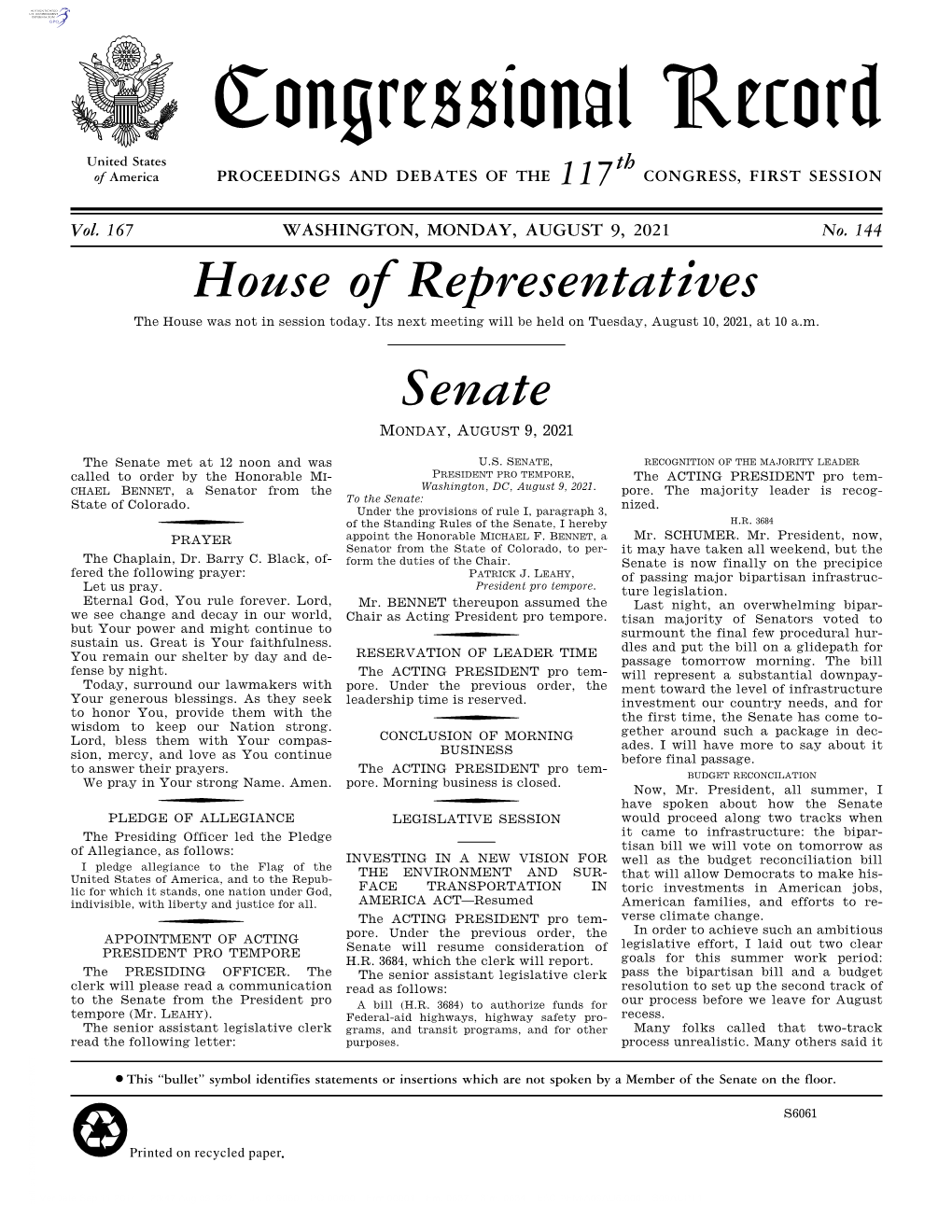 Congressional Record United States Th of America PROCEEDINGS and DEBATES of the 117 CONGRESS, FIRST SESSION