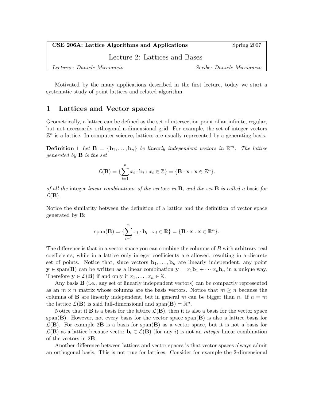 Lattices and Bases 1 Lattices and Vector Spaces