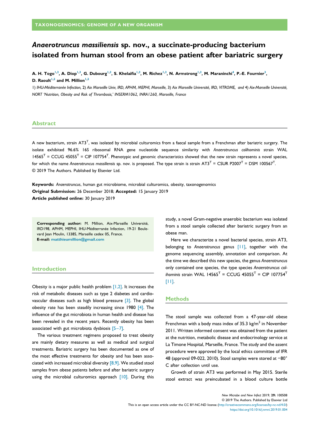 Anaerotruncus Massiliensis Sp. Nov., a Succinate-Producing Bacterium Isolated from Human Stool from an Obese Patient After Bariatric Surgery