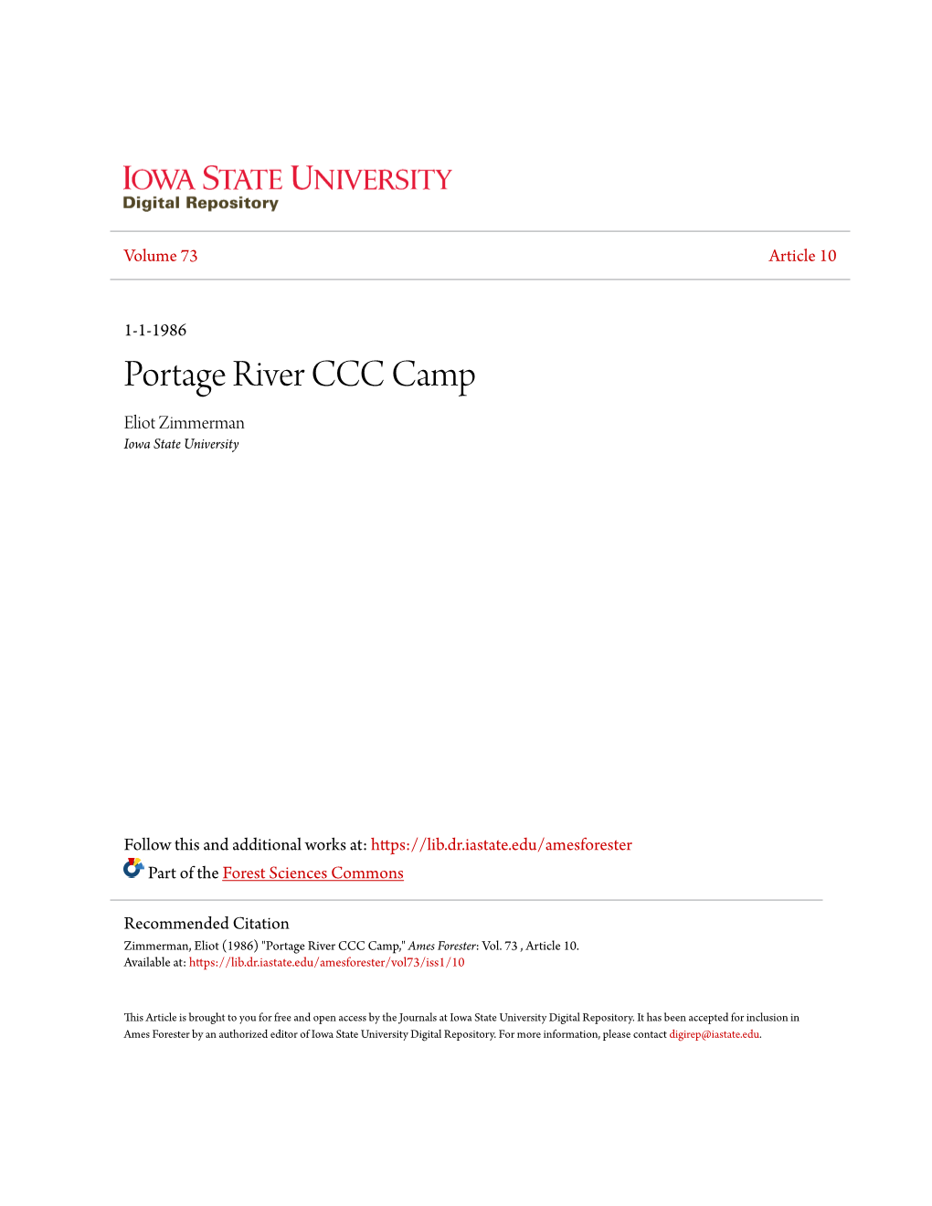 Portage River CCC Camp Eliot Zimmerman Iowa State University