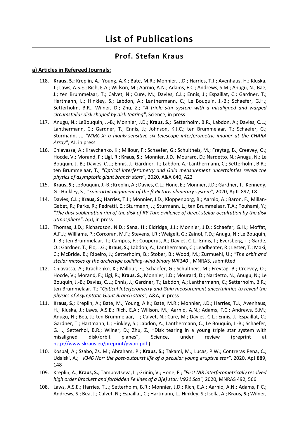 List of Publications Prof. Stefan Kraus