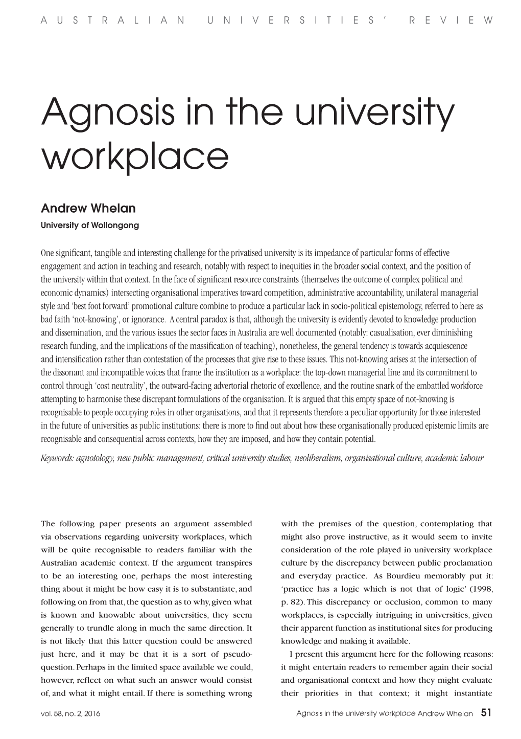 Agnosis in the University Workplace