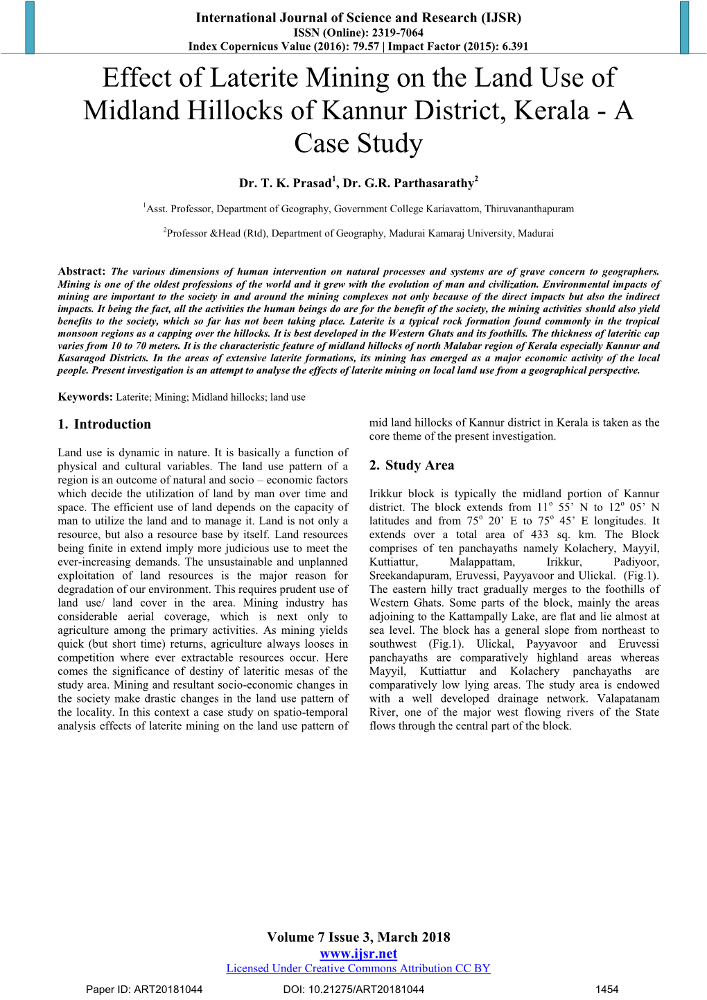 Effect of Laterite Mining on the Land Use of Midland Hillocks of Kannur District, Kerala - a Case Study