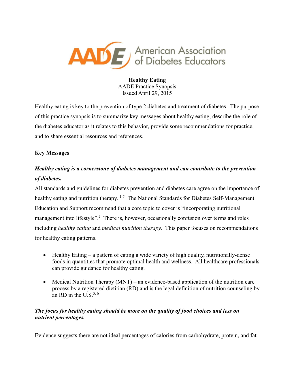 Healthy Eating AADE Practice Synopsis Issued April 29, 2015