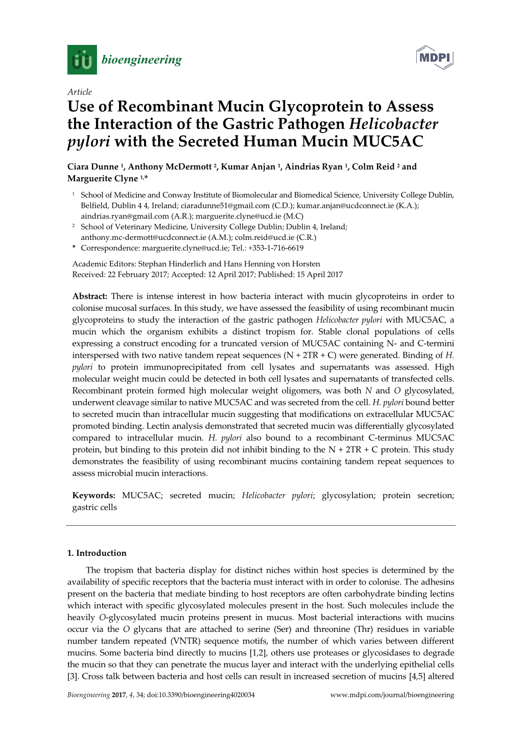 Use of Recombinant Mucin Glycoprotein to Assess the Interaction of the Gastric Pathogen Helicobacter Pylori with the Secreted Human Mucin MUC5AC