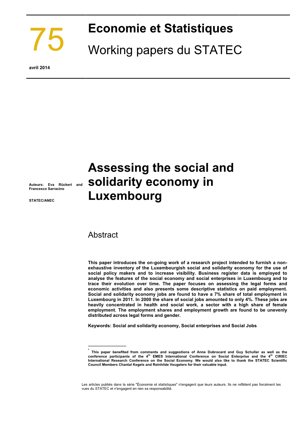 Assessing the Social and Solidarity Economy in Luxembourg Statistiques Working Papers Du STATEC N° 75 Avril 2014