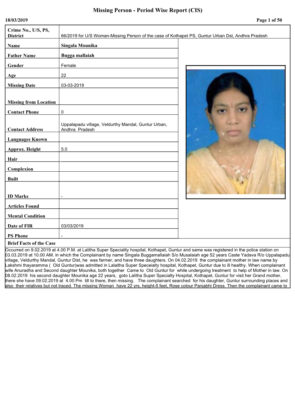 Missing Person - Period Wise Report (CIS) 18/03/2019 Page 1 of 50