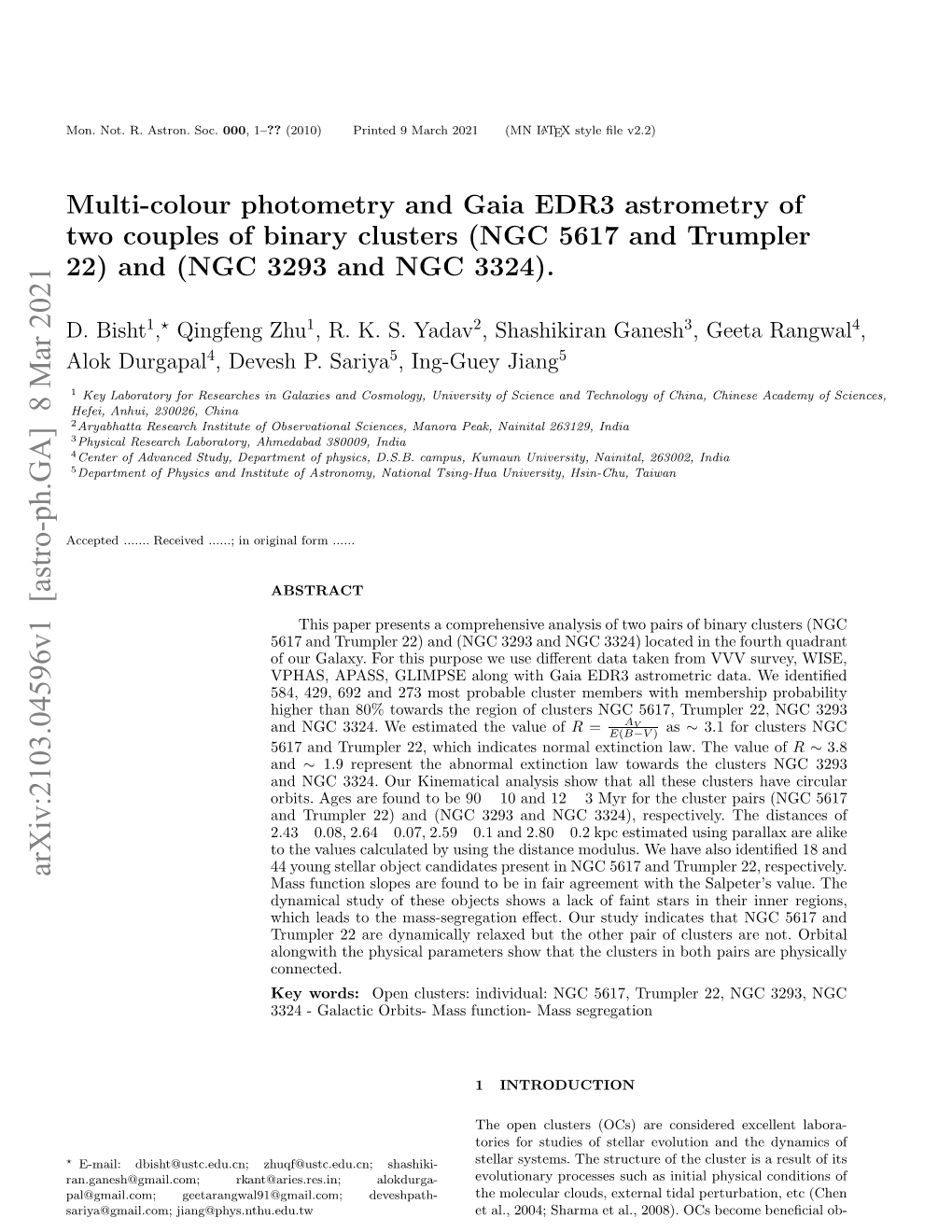 Multi-Colour Photometry and Gaia EDR3 Astrometry of Two Couples of Binary Clusters (NGC 5617 and Trumpler 22) and (NGC 3293 and NGC 3324)