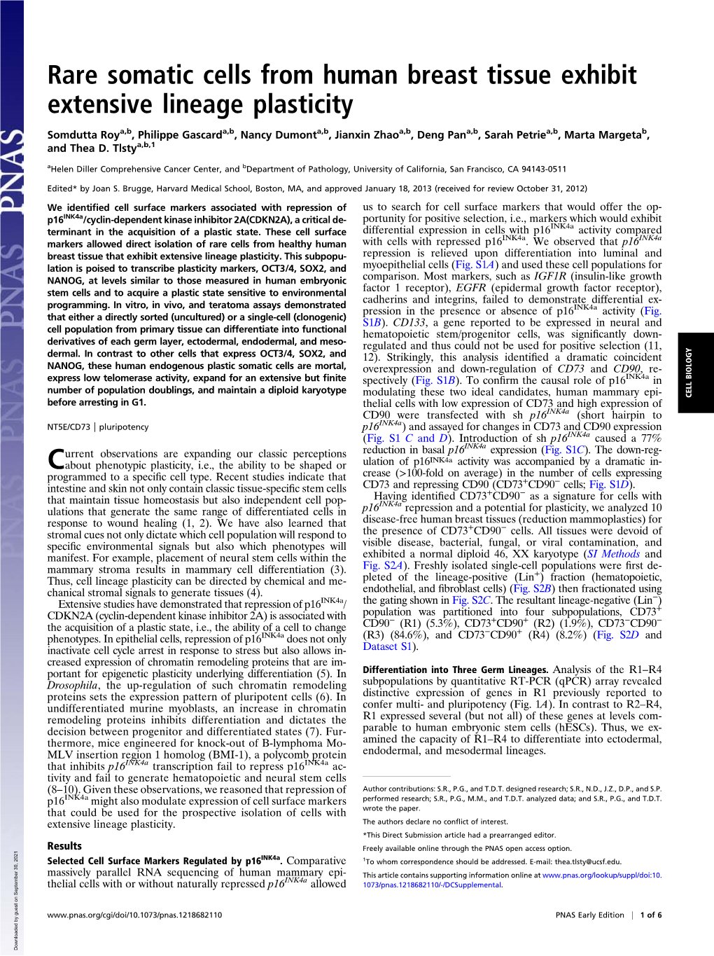 Rare Somatic Cells from Human Breast Tissue Exhibit Extensive Lineage Plasticity