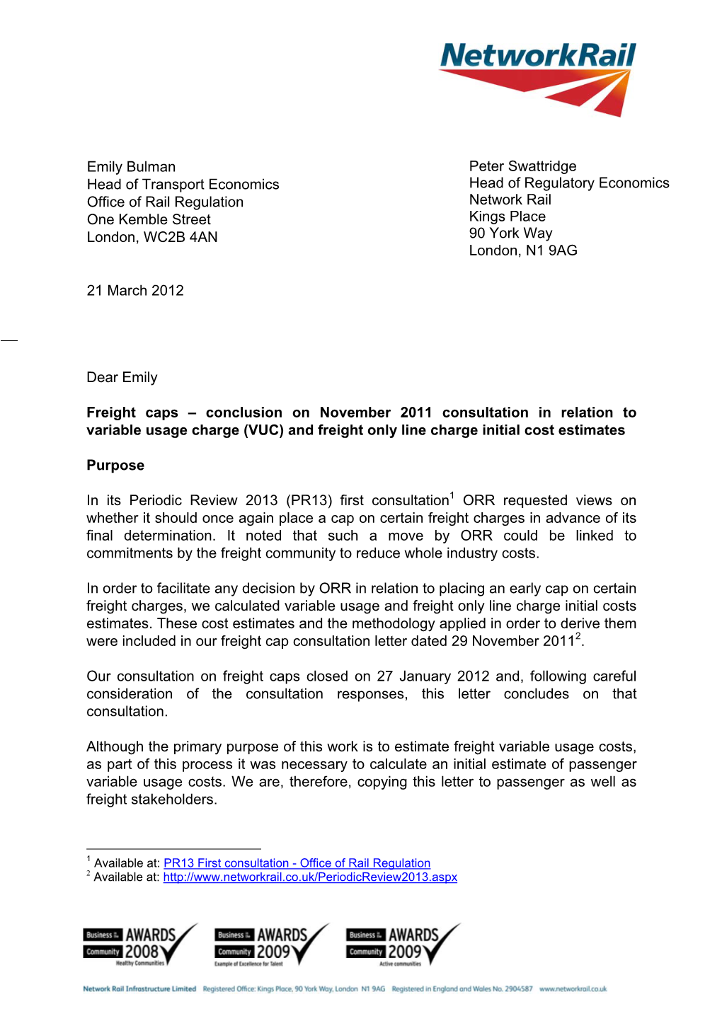 Freight Caps Conclusions Letter (21 March 2012)