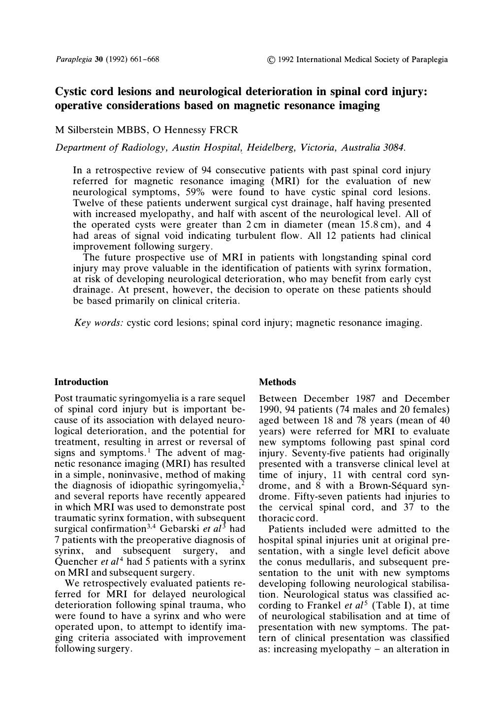 Cystic Cord Lesions and Neurological Deterioration in Spinal Cord Injury: Operative Considerations Based on Magnetic Resonance Imaging