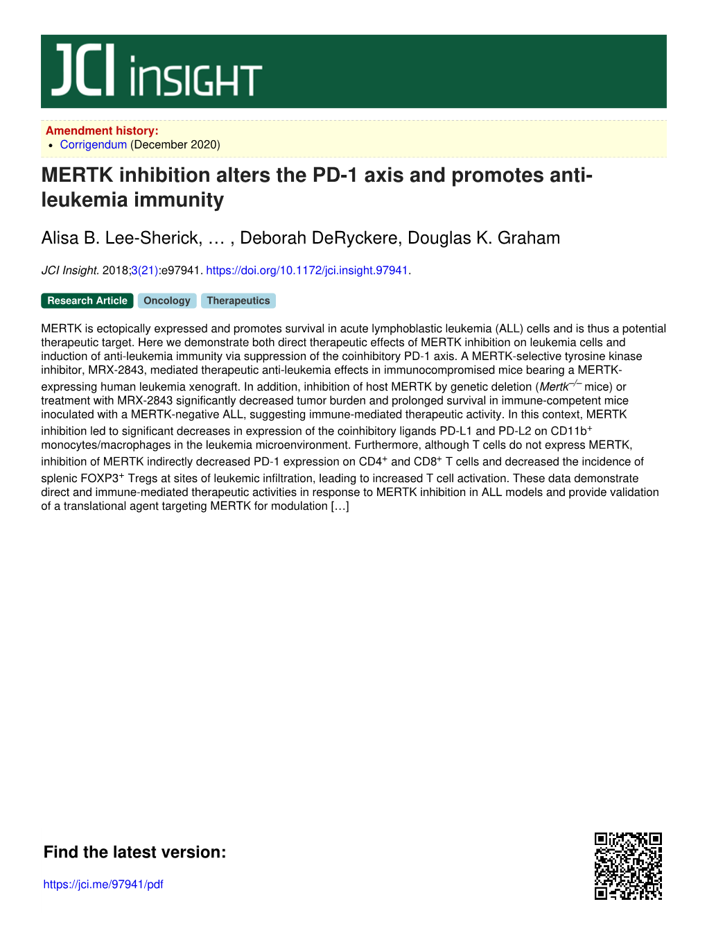 MERTK Inhibition Alters the PD-1 Axis and Promotes Anti- Leukemia Immunity