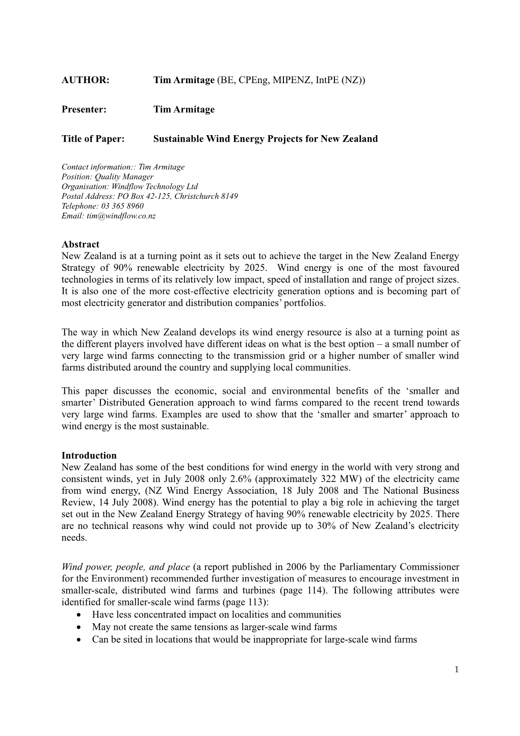 Tim Armitage Title of Paper: Sustainable Wind Energy Projec