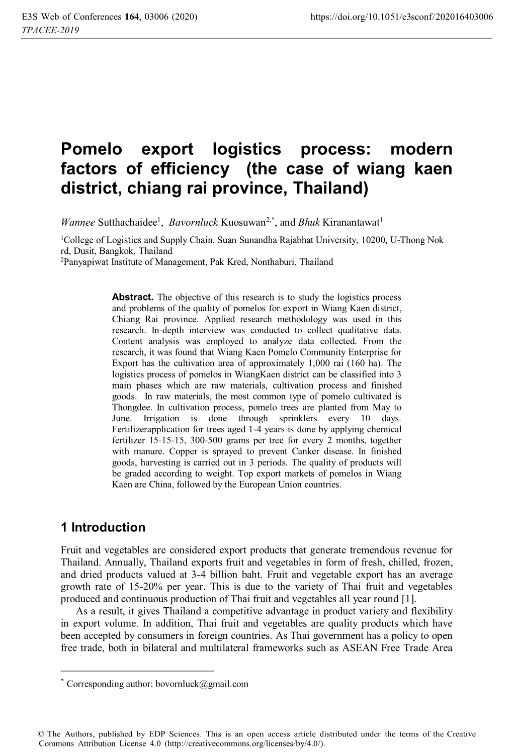 Pomelo Export Logistics Process: Modern Factors of Efficiency (The Case of Wiang Kaen District, Chiang Rai Province, Thailand)