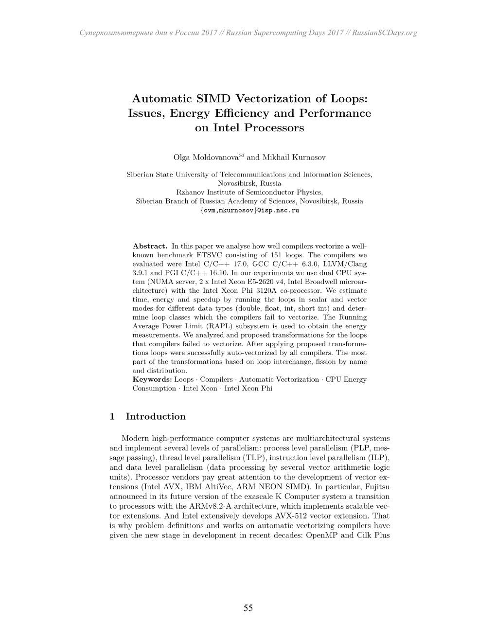 Automatic SIMD Vectorization of Loops: Issues, Energy Eﬃciency and Performance on Intel Processors