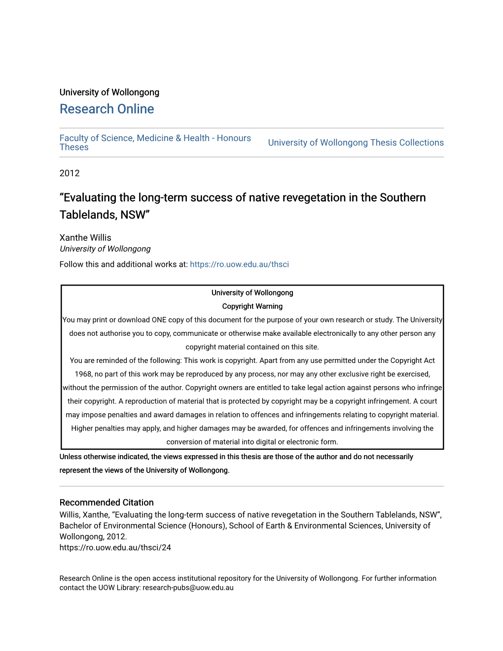 Evaluating the Long-Term Success of Native Revegetation in the Southern Tablelands, NSW”