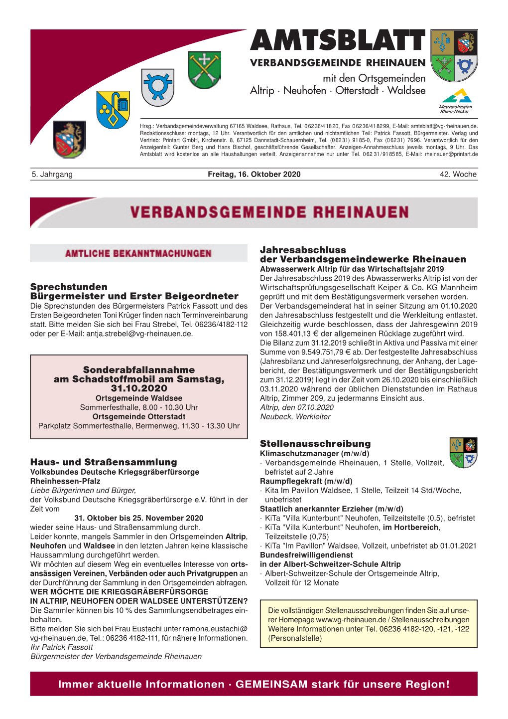 Amtsblatt Verbandsgemeinde Rheinauen Mit Den Ortsgemeinden Wir Unterstützen Die Altrip · Neuhofen · Otterstadt · Waldsee