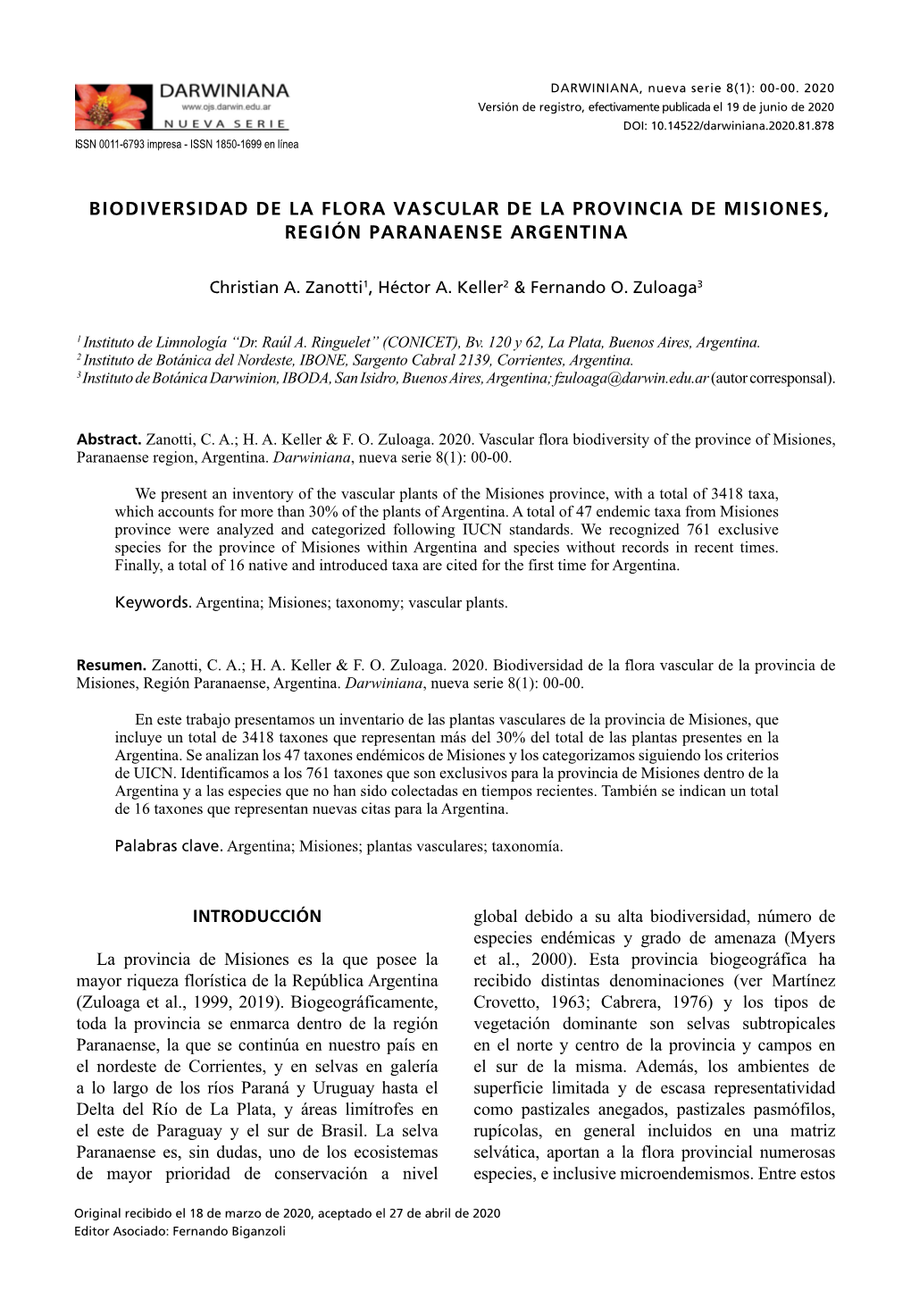 Biodiversidad De La Flora Vascular De La Provincia De Misiones, Región Paranaense Argentina