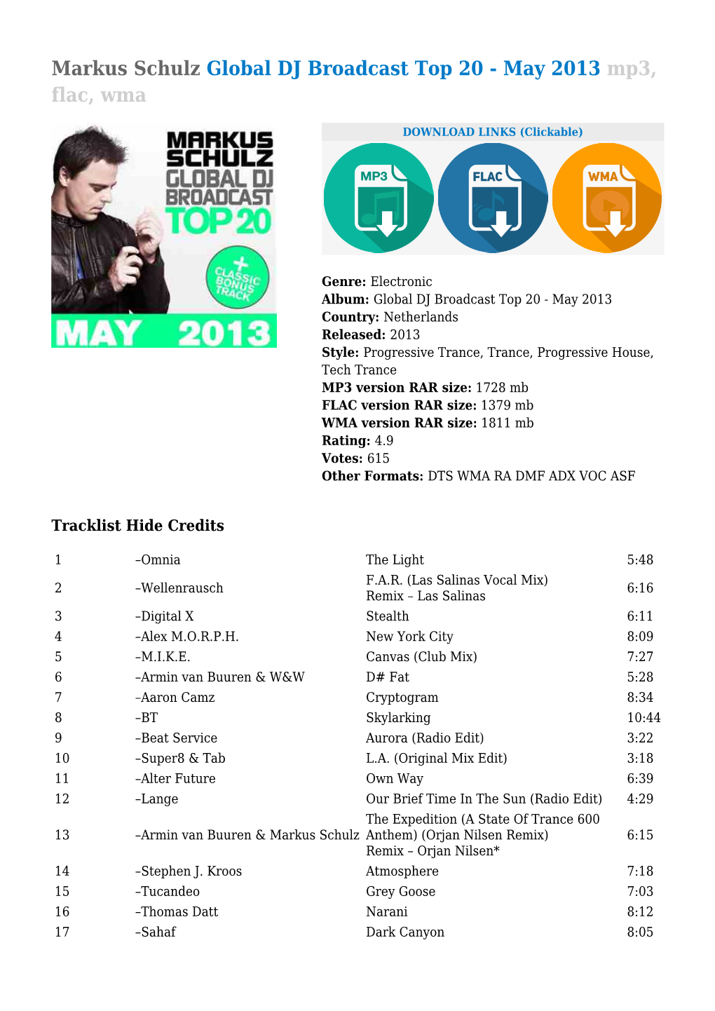 Markus Schulz Global DJ Broadcast Top 20 - May 2013 Mp3, Flac, Wma