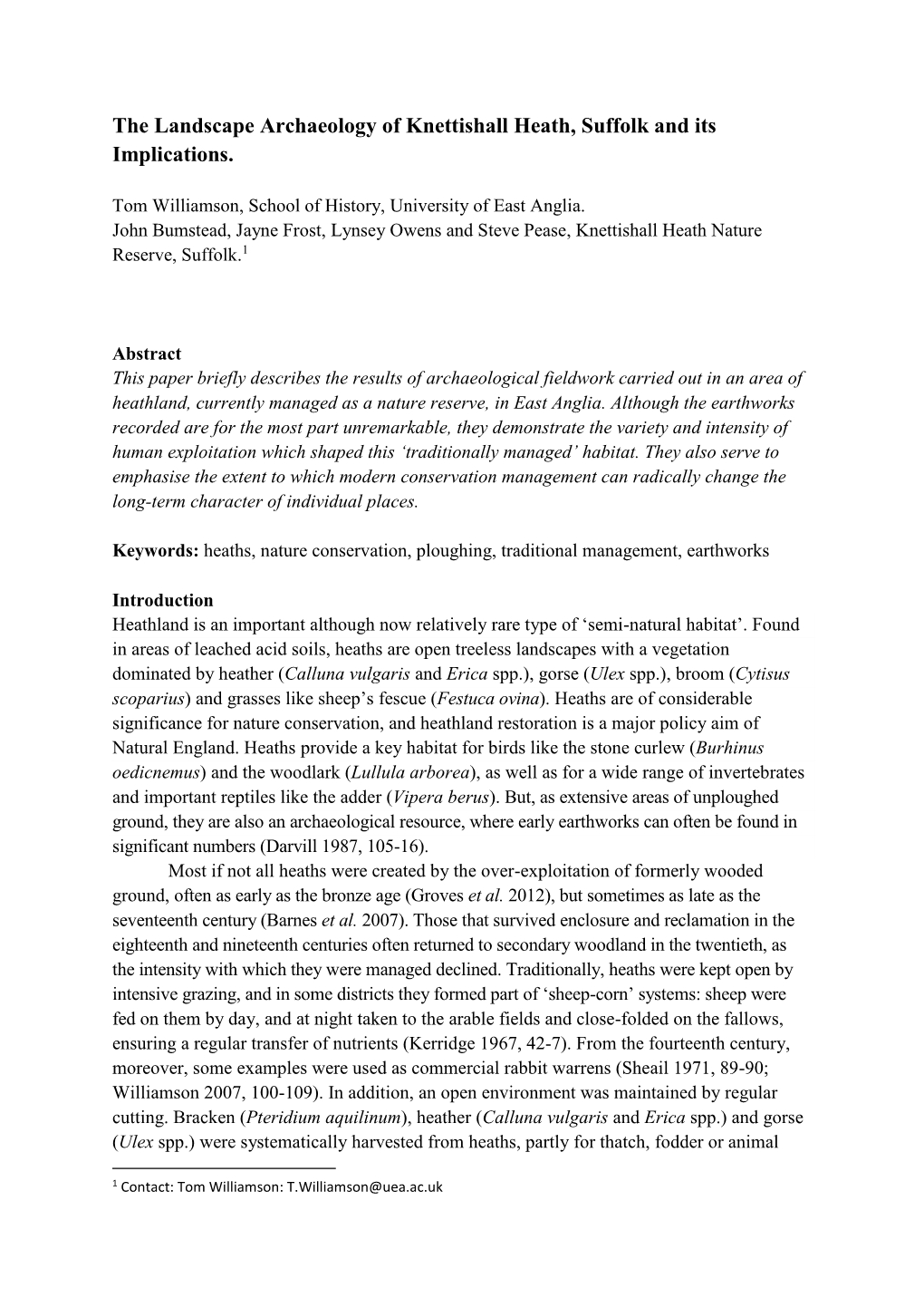 The Landscape Archaeology of Knettishall Heath, Suffolk and Its Implications