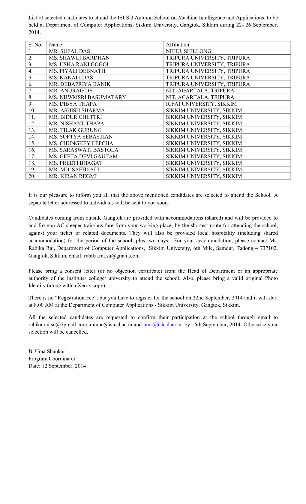 List of Selected Candidates to Attend the ISI-SU Autumn School On