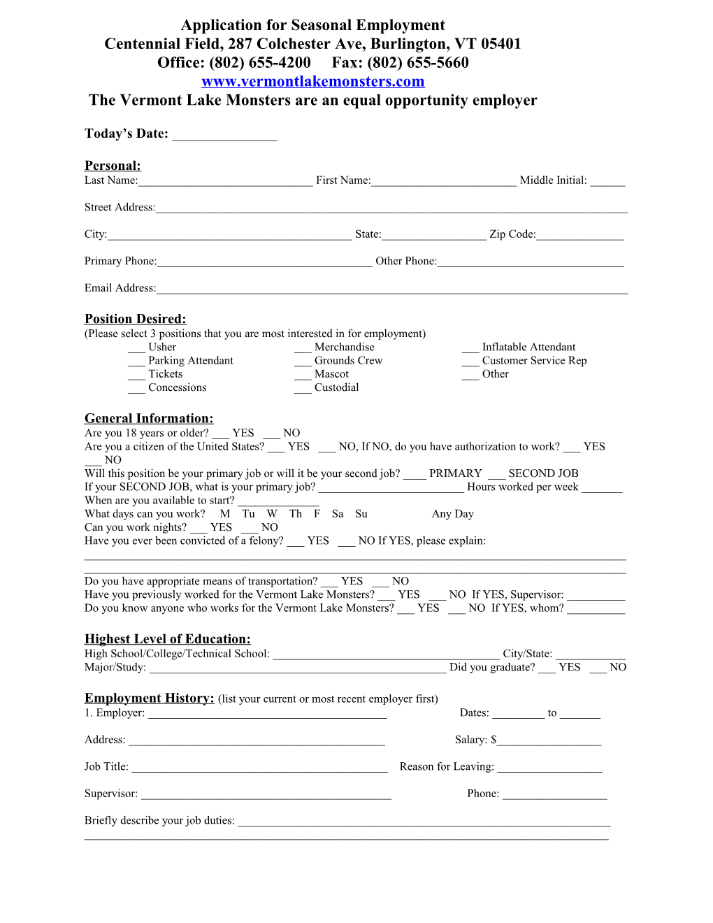 Application for Seasonal Employment