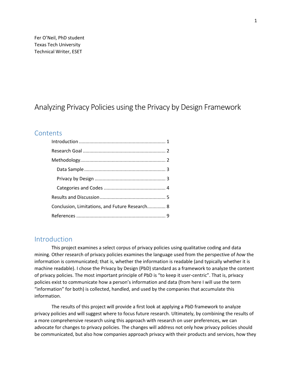 Analyzing Privacy Policies Using the Privacy by Design Framework