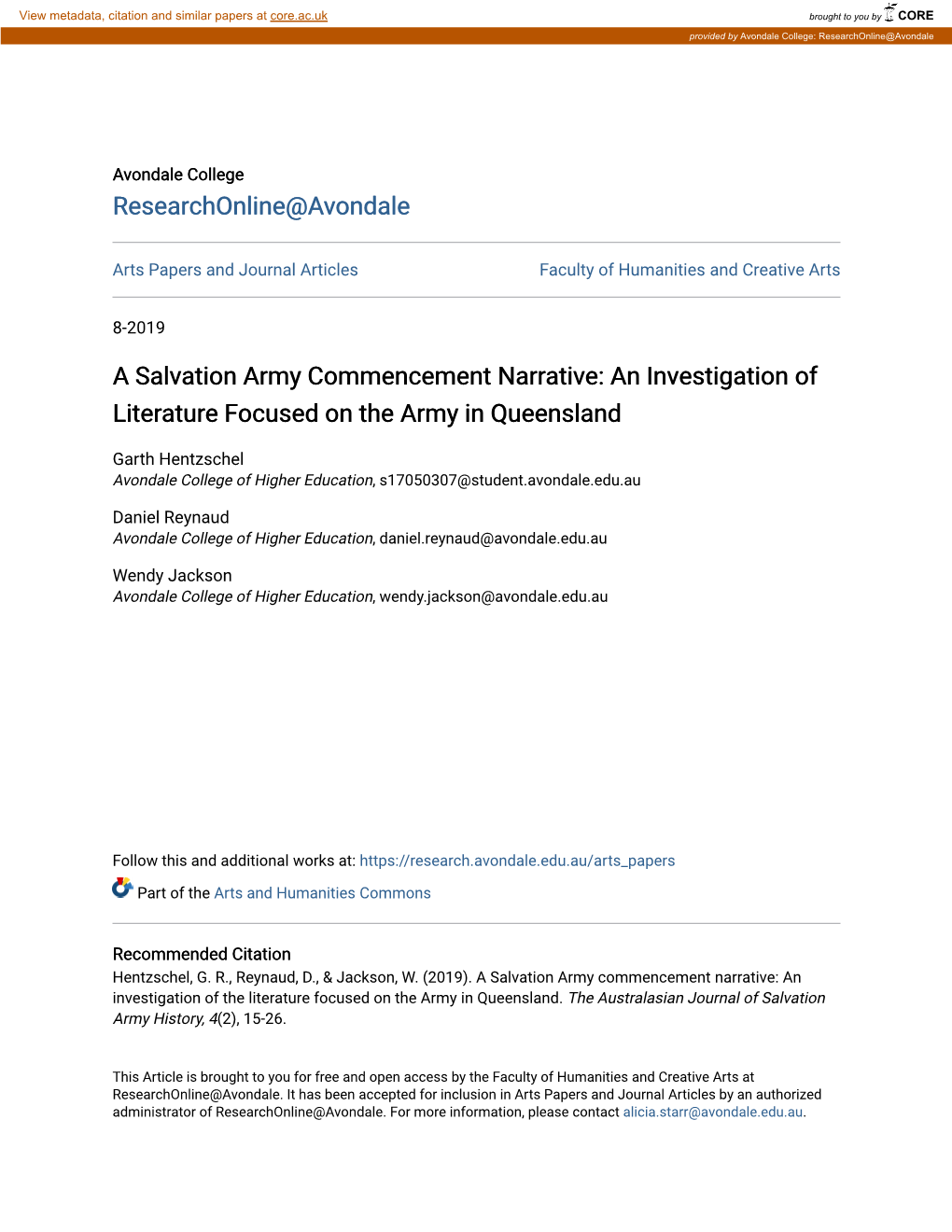 A Salvation Army Commencement Narrative: an Investigation of Literature Focused on the Army in Queensland