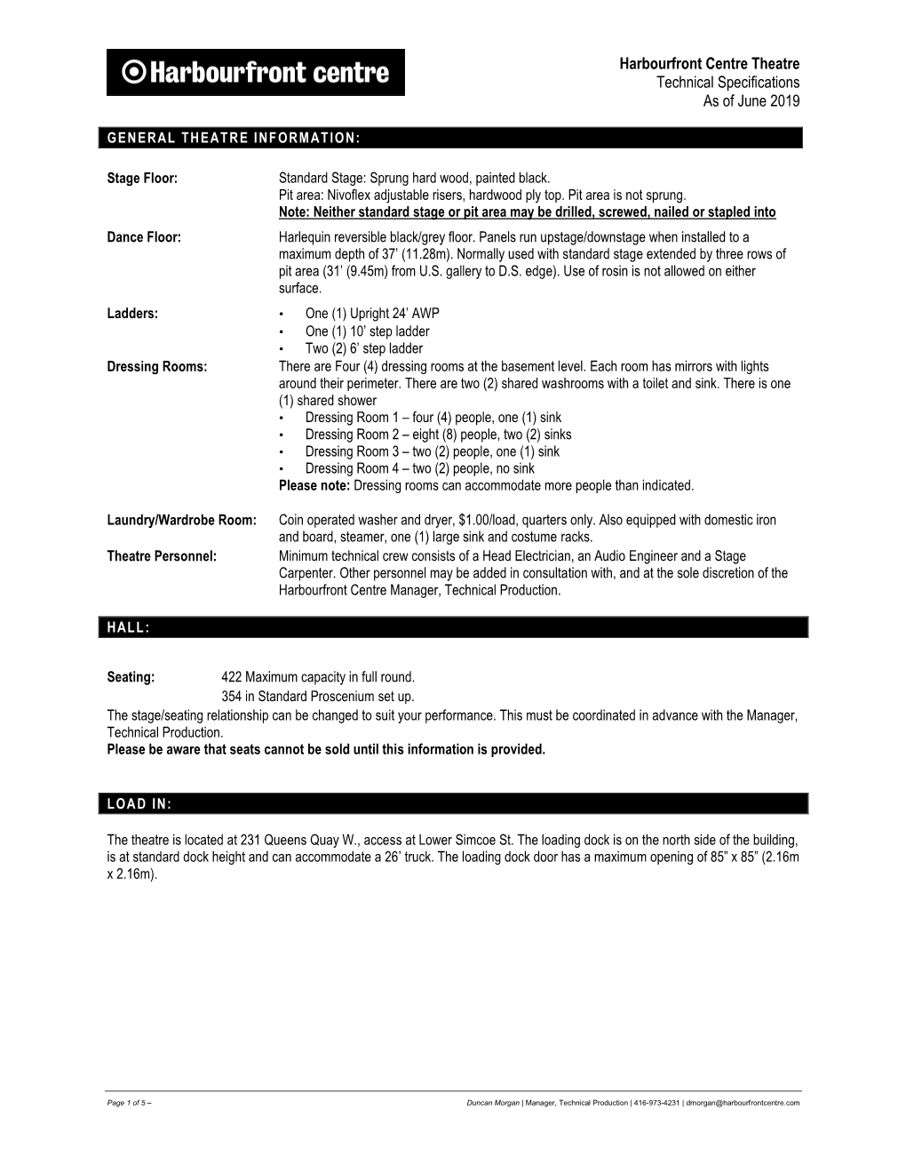 Harbourfront Centre Theatre Technical Specifications As of June 2019