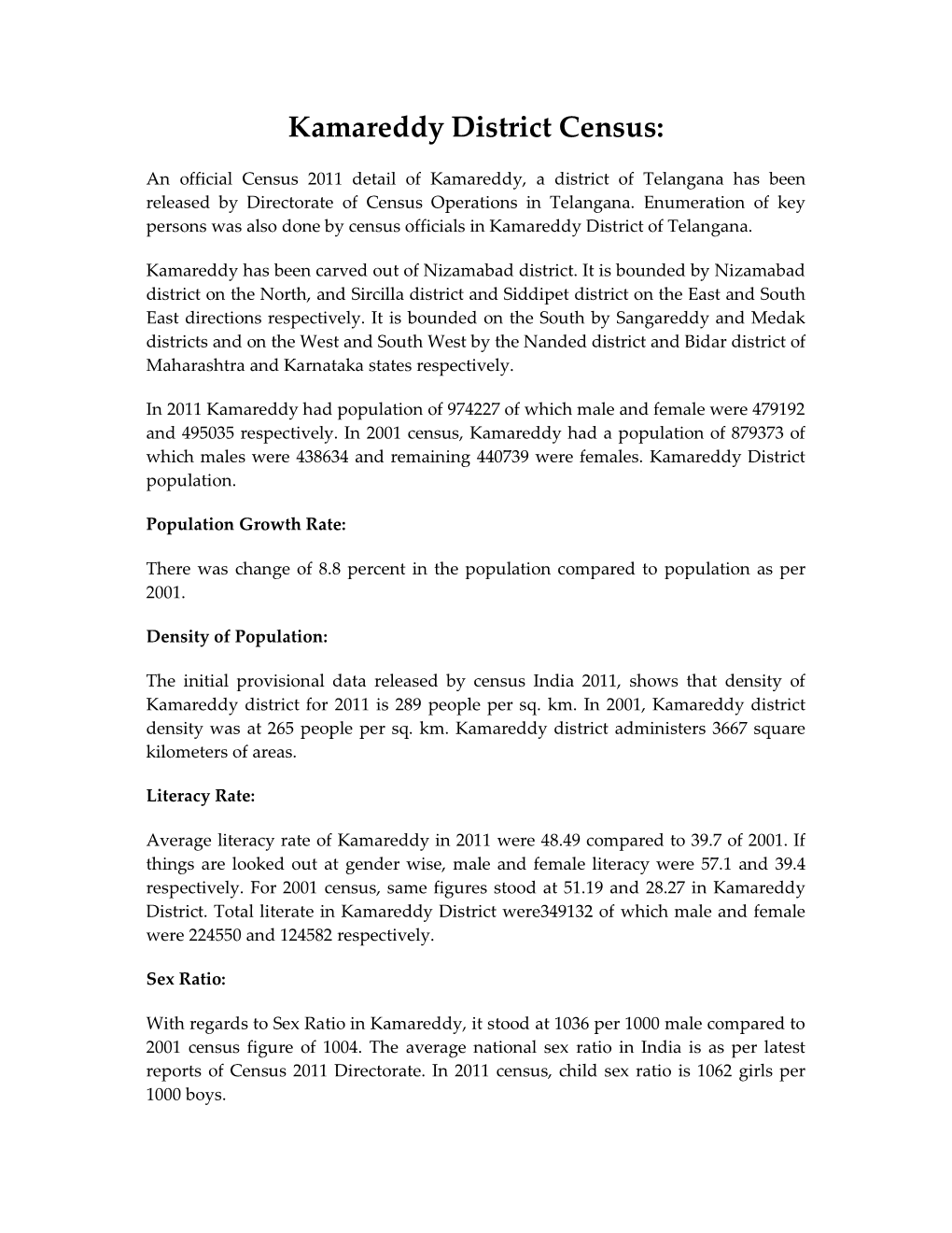 Kamareddy District Census