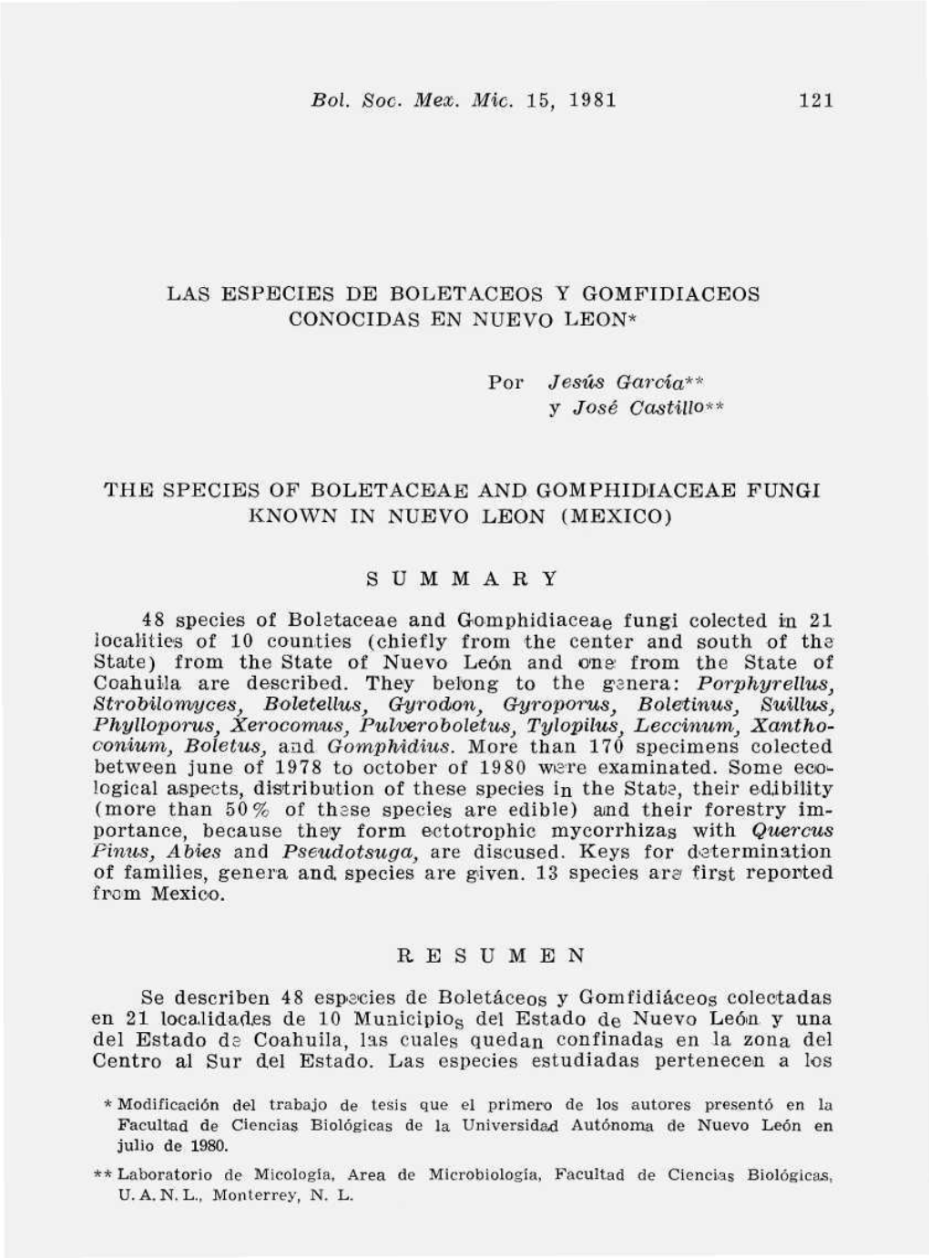 Las Especies De Boletaceos Y Gompidiaceos Conocidas En Nuevo León*