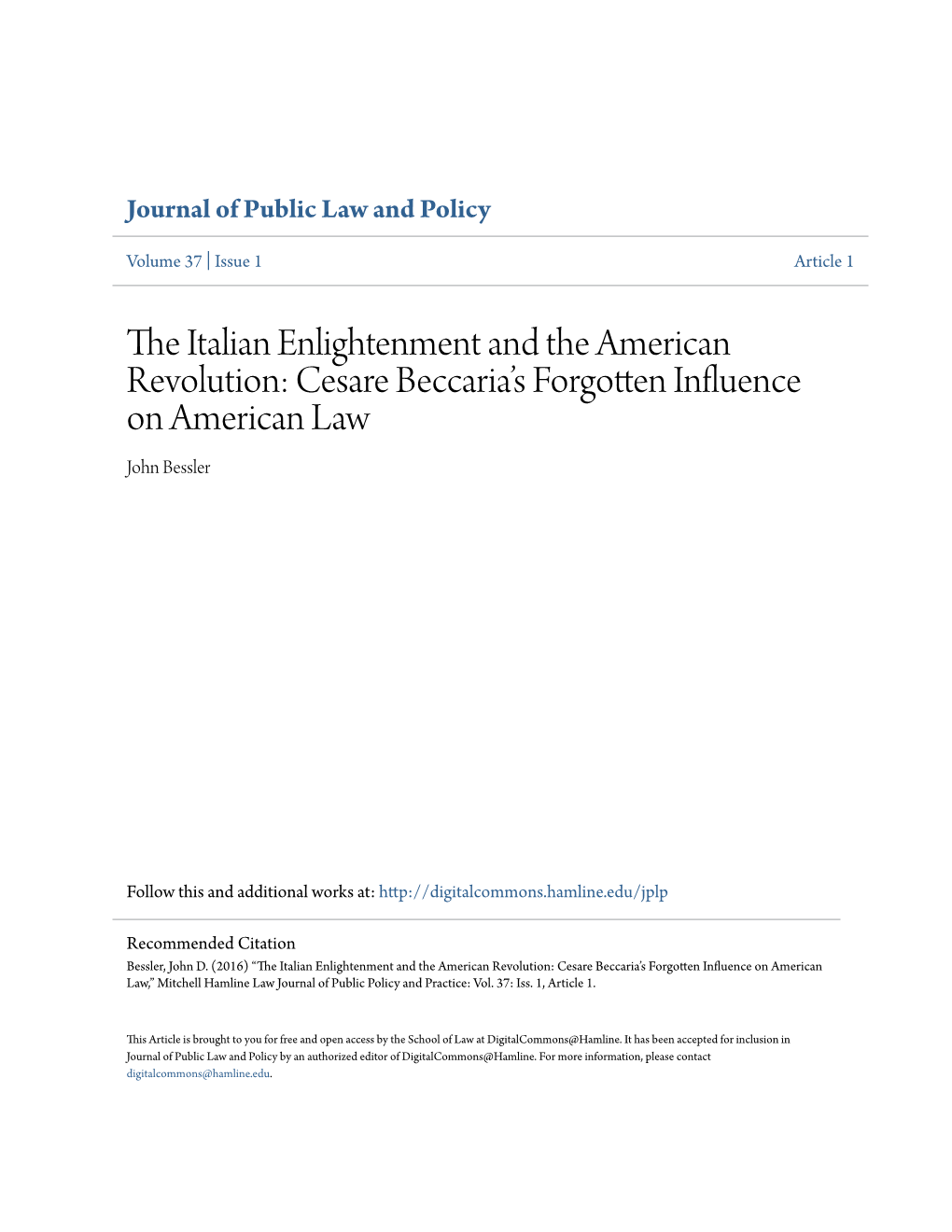 The Italian Enlightenment and the American Revolution: Cesare Beccariaâ•Žs Forgotten Influence on American