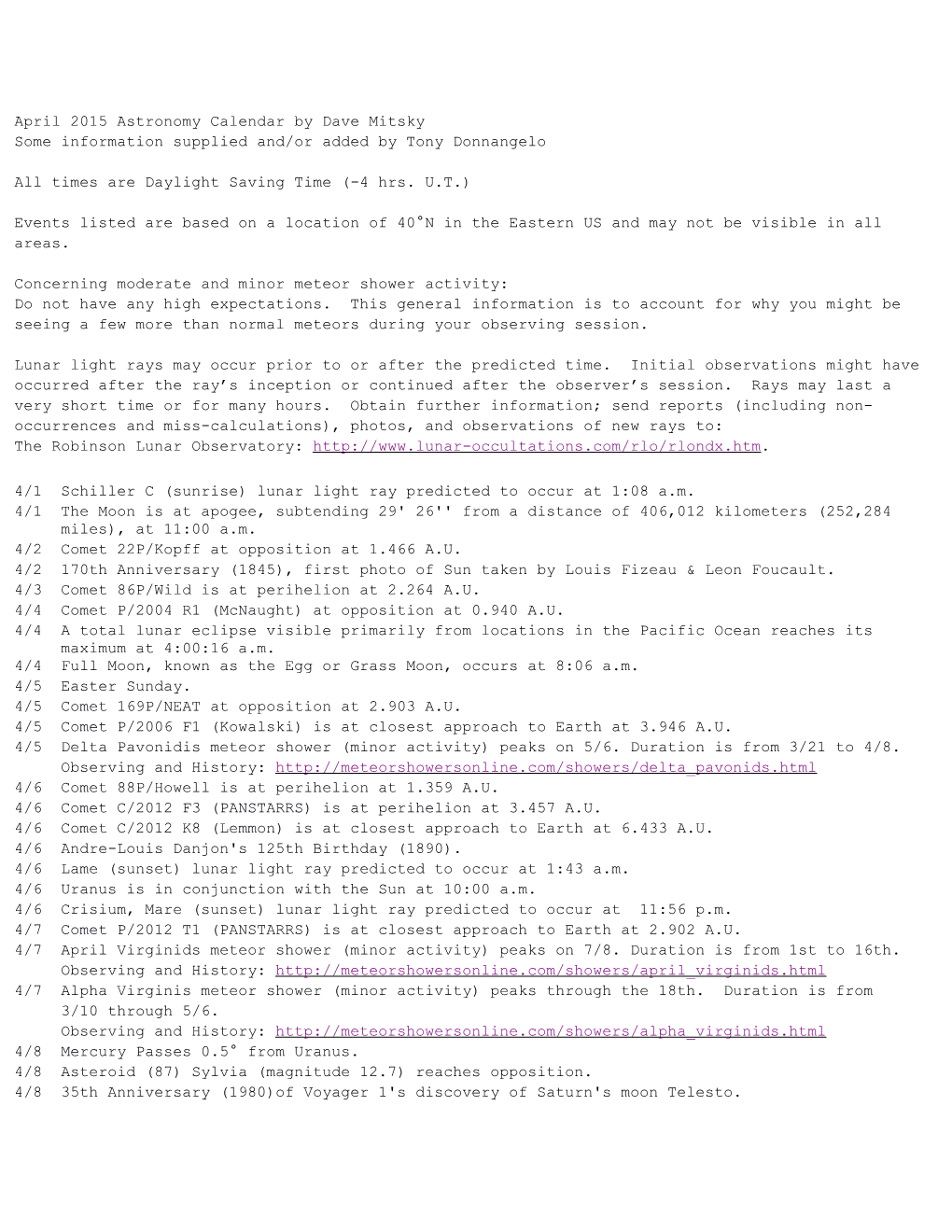April 2015 Astronomy Calendar by Dave Mitsky Some Information Supplied And/Or Added by Tony Donnangelo All Times Are Daylight Sa