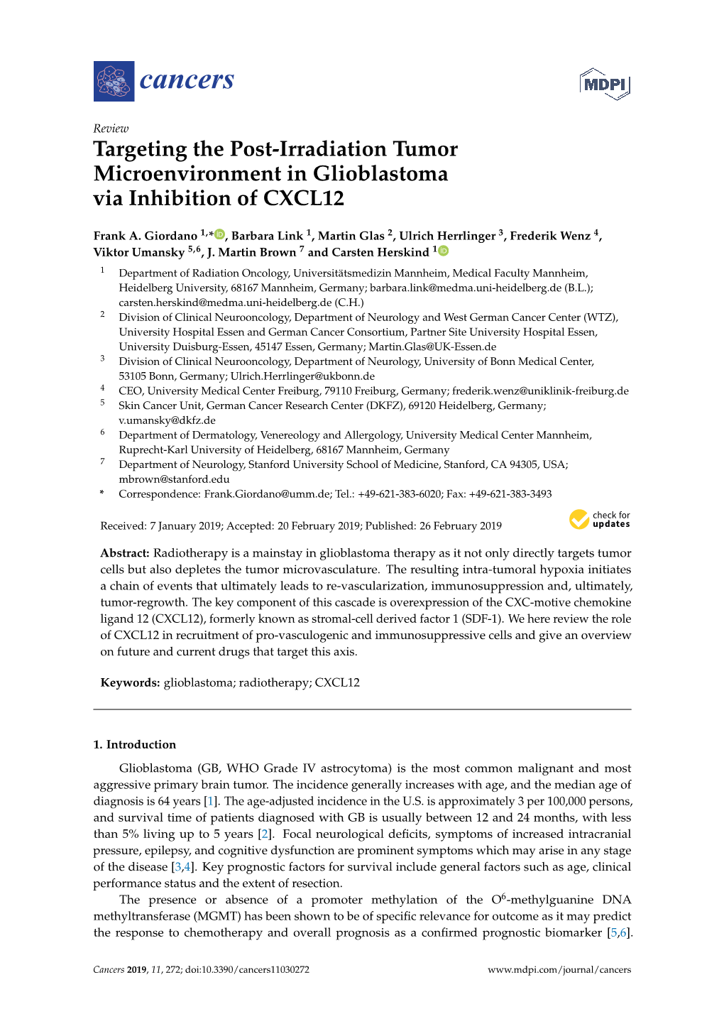 Targeting the Post-Irradiation Tumor Microenvironment in Glioblastoma Via Inhibition of CXCL12
