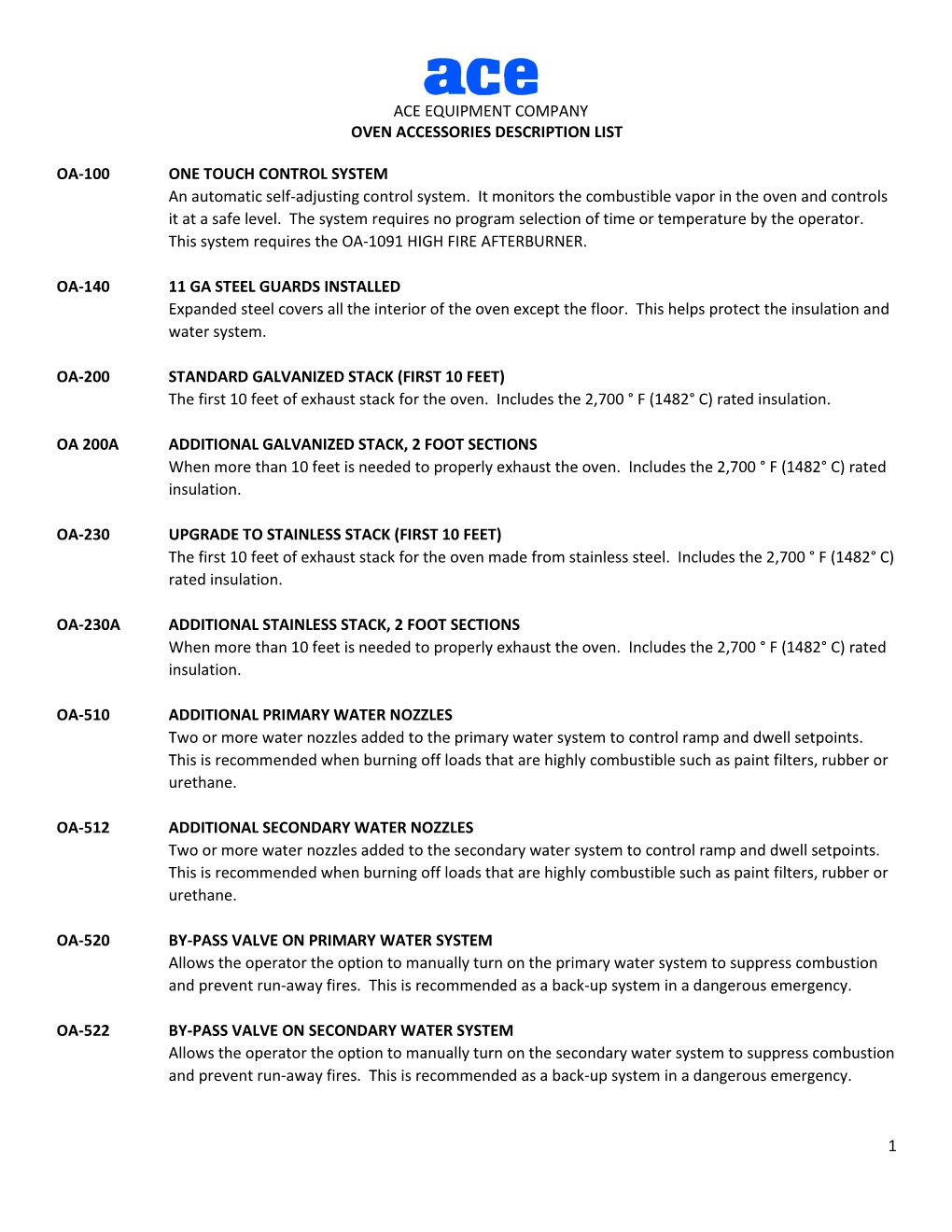 Ace Equipment Company Oven Accessories Description List