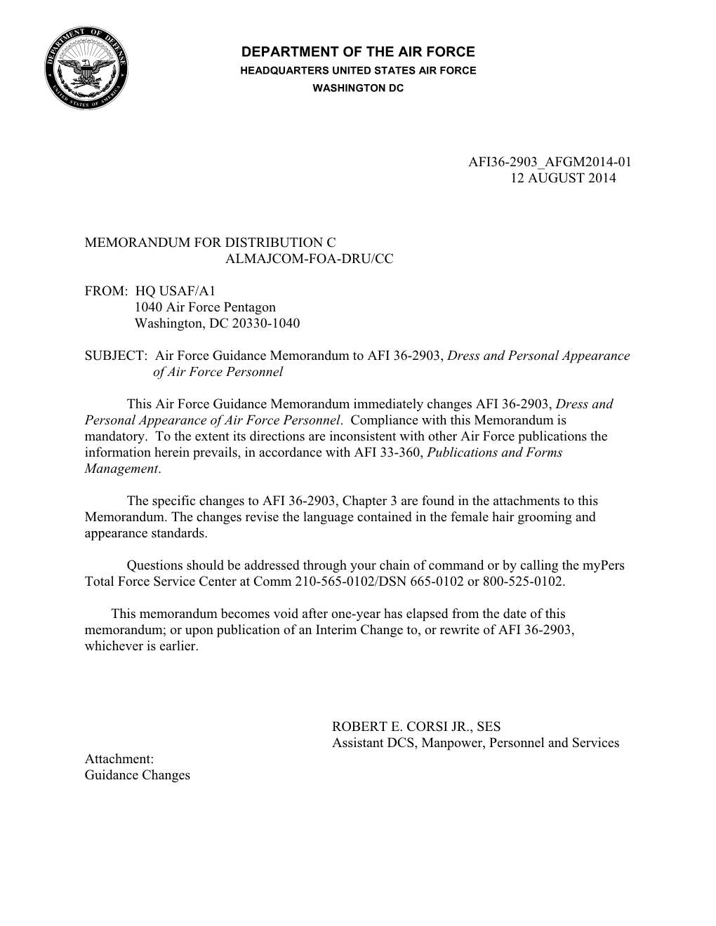 Department of the Air Force Afi36-2903 Afgm2014-01 12 August 2014 Memorandum for Distribution C Almajcom-Foa-Dru/Cc From: Hq Us