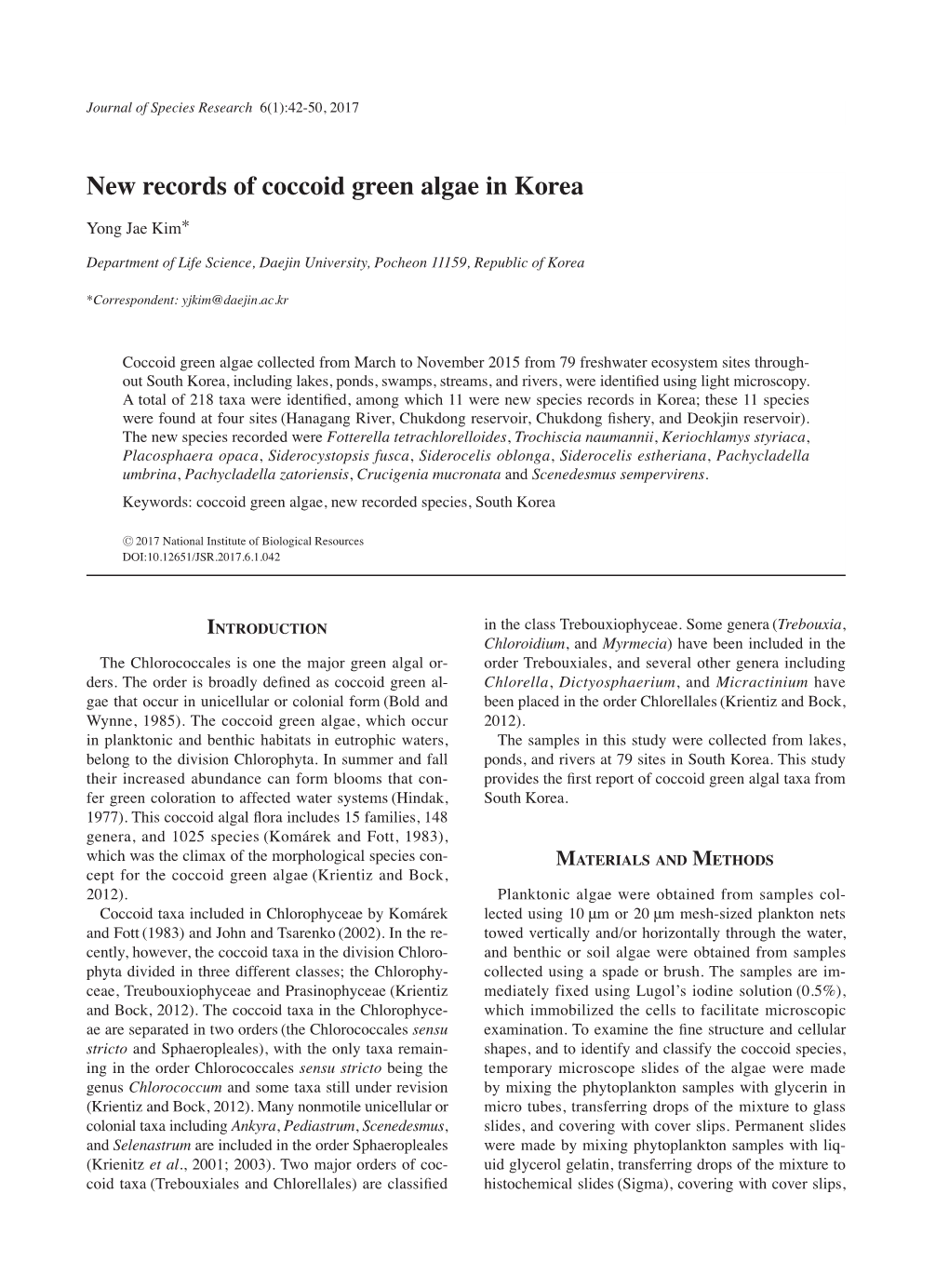 New Records of Coccoid Green Algae in Korea